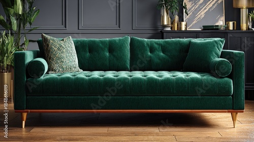 Elegant emerald green sofa in contemporary living room setting with design elements