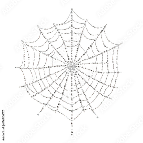 Elegant silver spiderweb decoration glittering with sparkling beads on a white background, perfect for Halloween