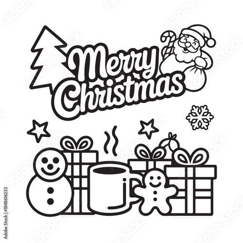 Merry christmas line art with santa snowman gifts and hot drink