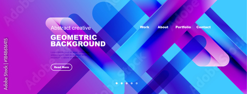 Modern website header design. Vibrant colors, geometric shapes, text elements present. Clean layout, professional aesthetic.