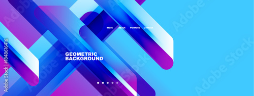 Abstract geometric background. Blue, purple gradients dominate design. Navigation includes work, about, portfolio, contact options.