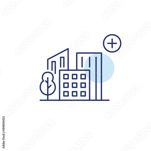 City skyline and plus symbol. Urban growth, city extension. Community upgrade. Pixel perfect, editable stroke vector icon