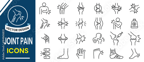 Joint Pain icon set. Joint pain treatment line icon vector set such as includes back bone, hand, foot, knee, elbow, injection therapy, pain relief, and supportive care. Outline icons vector collection