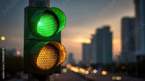 Green traffic light illuminated against blurred urban cityscape background