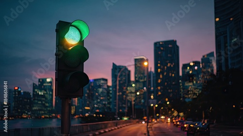 Green traffic light illuminated over city buildings at dusk