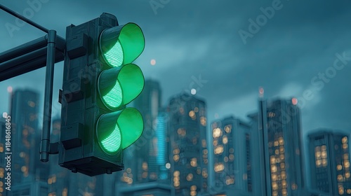 Green traffic signal illuminated against a cityscape at night