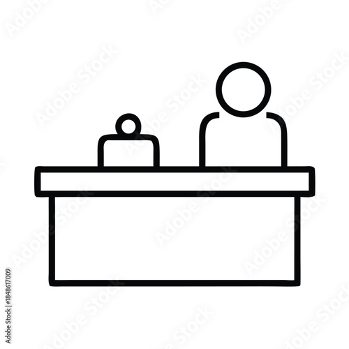 A simple line drawing depicts two people behind a reception desk.