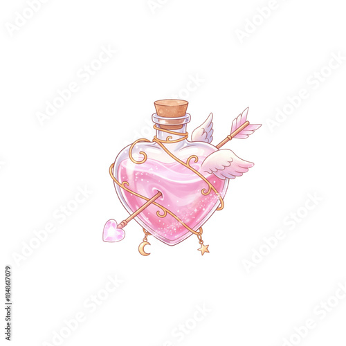 An isolated transparent glass perfume bottle containing pink liquid sits beside to create a beautiful aroma of love