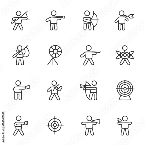 A collection of line art icons depicts various archery and shooting sports activities.