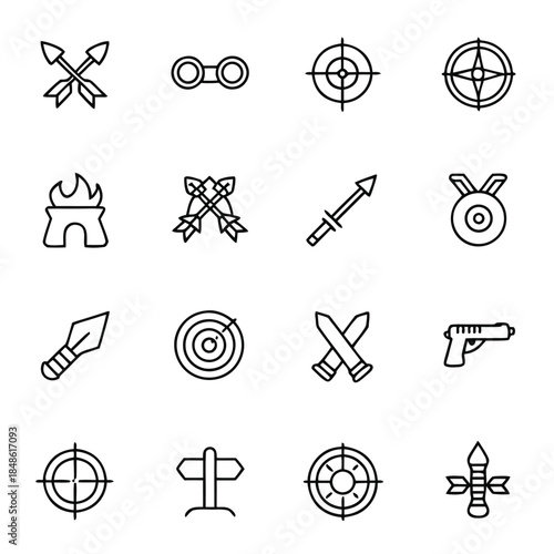 A collection of modern and historical weapon and aiming icons are displayed on a white background.