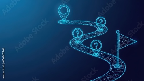 Abstract digital pathway with glowing location markers and question marks indicating an uncertain journey or navigation concept