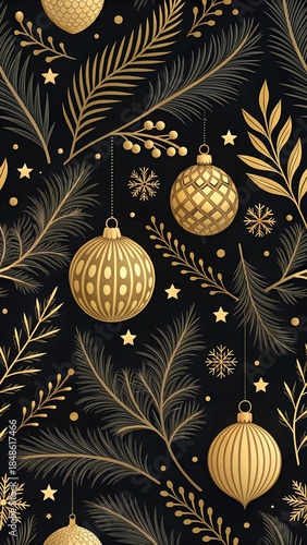 Gold Christmas Ornaments and Pine Branches on Black Background