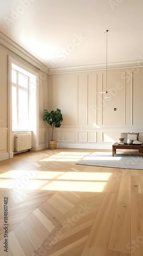 A sunlit, elegant interior with herringbone wood floor, a minimal bench, and a modern light fixture