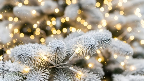 Frosty pine branches with warm lights