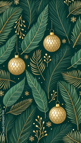 Green and gold botanical christmas pattern with ornaments