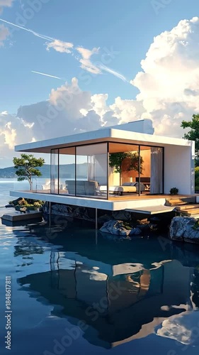 A modern house with floor-to-ceiling windows hovers over a tranquil lake, under a cloudy sky