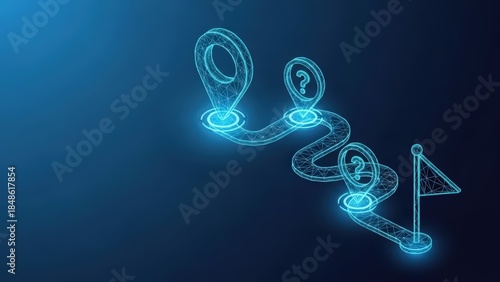 Digital navigation route with glowing pins and question marks indicating unknown destinations on a dark blue background