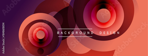 Abstract circles overlap, creating vibrant gradients. Purple, red, orange hues dominate design. Modern, dynamic visual composition.