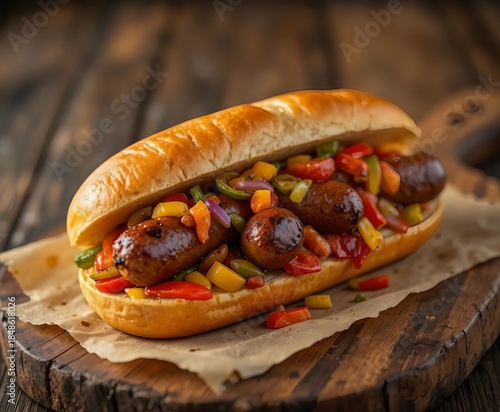 Wallpaper Mural Delicious sausage sandwich on cutting board: An appetizing sausage sandwich, filled with flavorful sausage and a vibrant mix of colorful vegetables, rests on a rustic cutting board. Torontodigital.ca