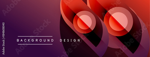 Abstract geometric shapes, vibrant purple, red gradients. Modern design elements create dynamic visual texture. Background suggests technology, innovation.