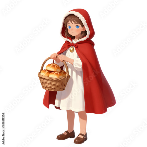 Young girl in red hood carrying basket of bread