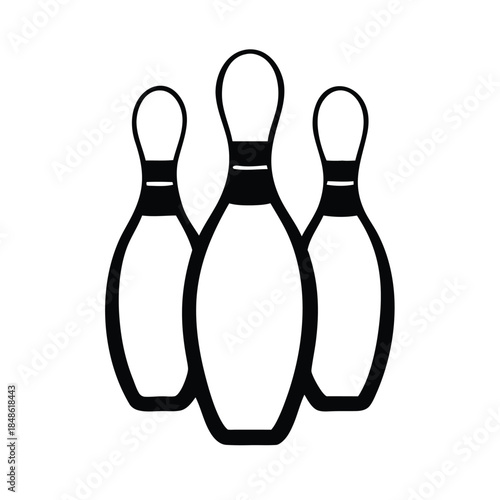 Three bowling pins stand ready for a game of bowling.