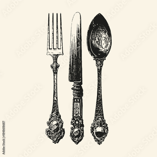 Vintage Cutlery Set Engraving Illustration