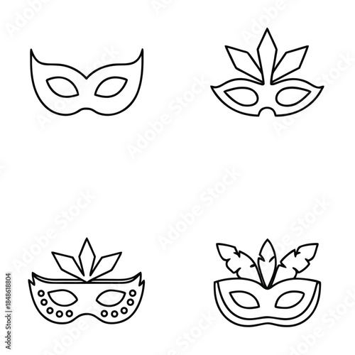 Four distinct outline illustrations of decorative Venetian masks are presented against a white background.