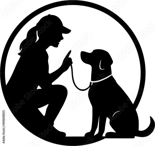 Silhouette of a woman with her dog outdoor bond between human and pet, emotional animal friendship vector illustration.