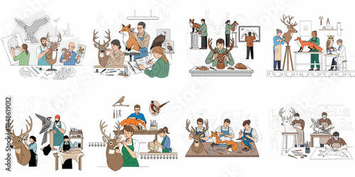 Professional taxidermy workshop scenes illustrating artisans meticulously restoring, mounting, and detailing preserved wild animals like deer, fox, and various birds.