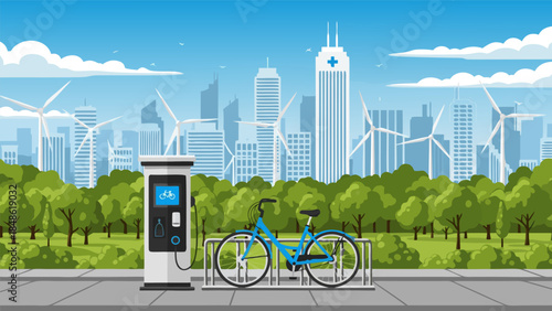 An electric bicycle charging station is set up in a park with a city skyline and wind turbines in the background.