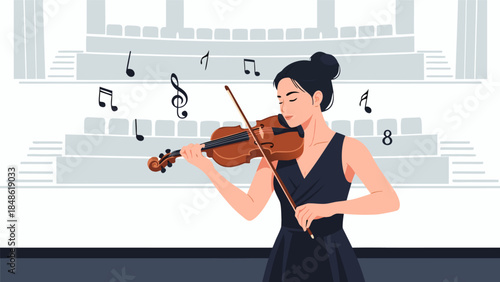 A young woman in a black dress plays the violin on a stage with musical notes floating around her.