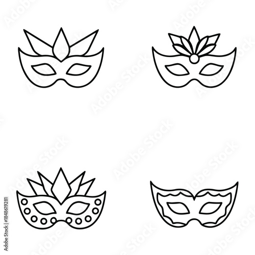 A collection of four decorative masquerade masks are displayed in a four-panel grid.