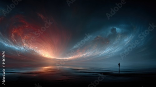 Surreal sci-fi landscape with lone silhouette facing swirling red and blue cosmic vortex