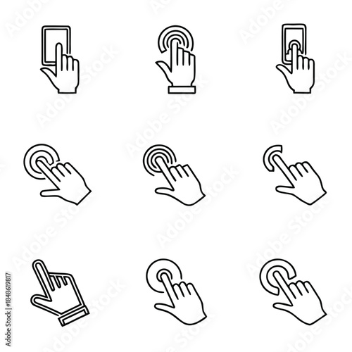 A collection of nine line art icons depicting various hand gestures for touch screen interaction.