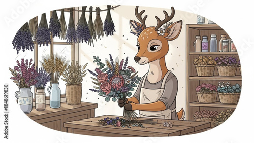 Deer Florist Arranging Dried Flower Bouquet