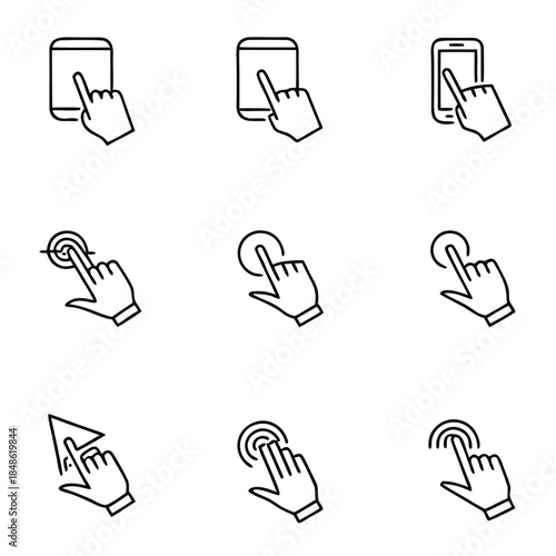 A set of nine line art icons depicting finger gestures on touch screens.