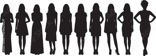 Silhouettes of women in various dresses and heels