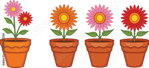 Set of colorful vector illustrations featuring summer sunflowers and daisies in terracotta pots for gardening and floral branding.