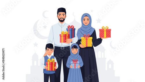 Happy Muslim Family Celebrating Eid with Gifts and Mosque Silhouette in Background