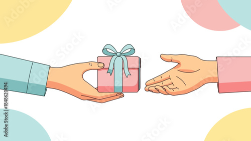 Illustration of two hands exchanging a gift box, symbolizing generosity and the spirit of giving