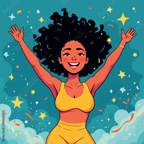 Vsai black woman celebrating success with arms raised