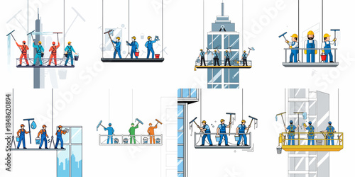 Professional high-rise window cleaners service illustrations set, showing workers suspended on platforms washing skyscraper glass facade.