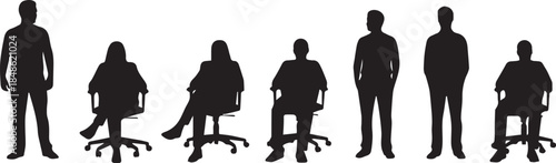 Silhouettes of seven people standing and sitting on office chairs