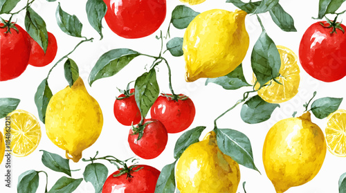 Mediterranean lemon pattern with ripe tomatoes on white background. Italian tomato and citrus pattern.Summer illustration perfect for textile, poster, or vintage invitation design.