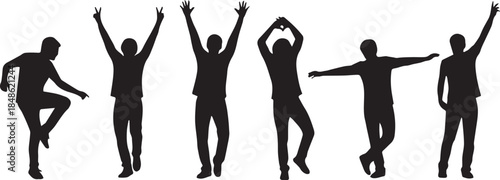 Silhouette of six people jumping and posing in various dance or celebration positions