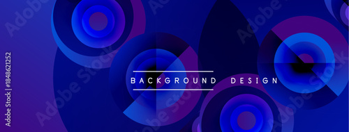 Abstract blue design features overlapping circles, gradients. Text reads background design. Modern, vibrant visual composition.