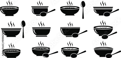 A collection of steaming hot soup bowls with spoons a simple black and white illustration