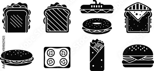 Black silhouette icons depicting various fast food and sandwich options