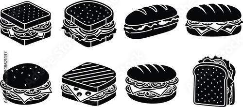 Variety of black and white sandwich and bread illustrations on a white background